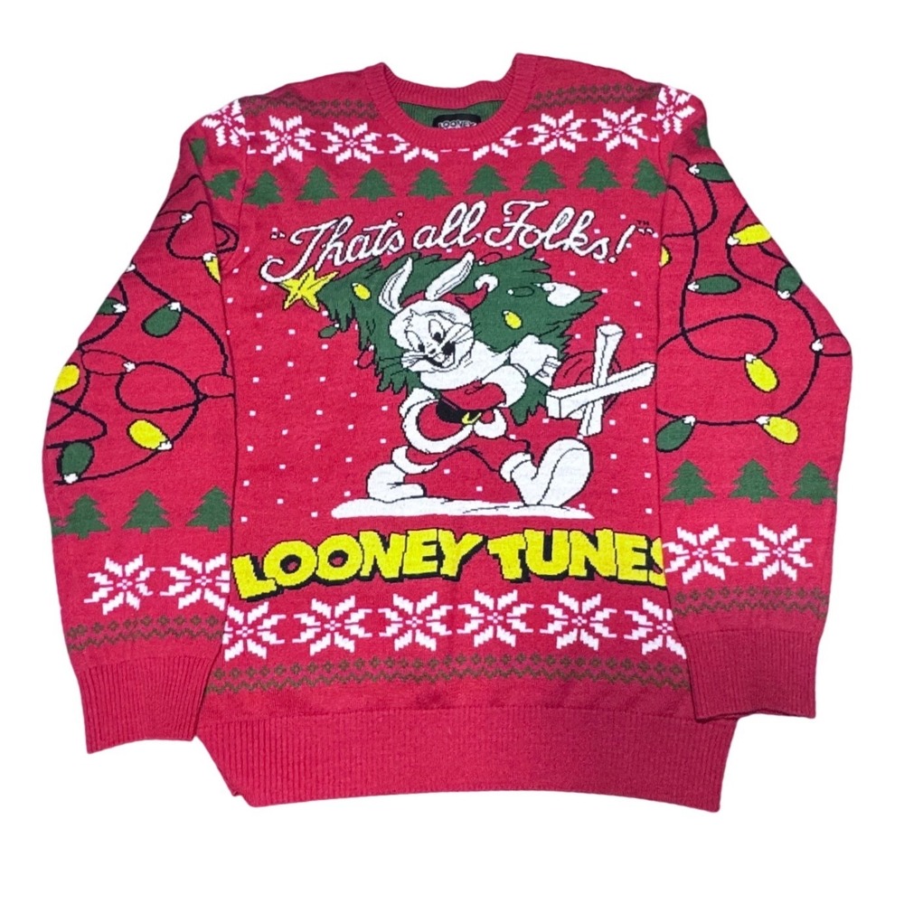 Looney Tunes Sweater Mens‎ Large Bugs Bunny Ugly Christmas Holiday Red Knit L